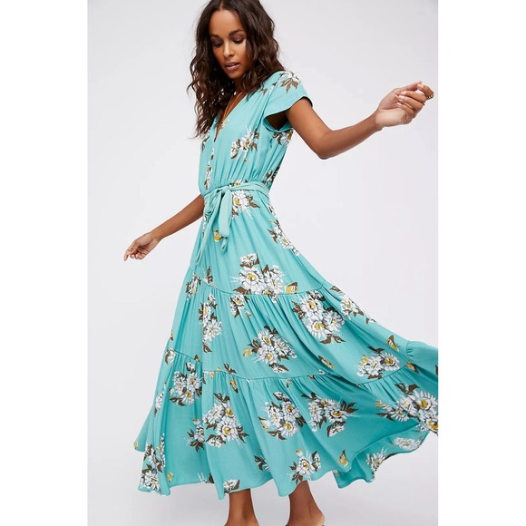 Free People Dresses & Skirts - Free People‎ Size 0 All I Got Floral Printed Maxi Dress Green Tiered Boho